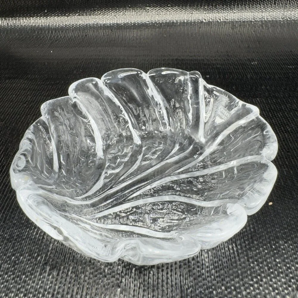Orrefors Sweden EDEN Clear Glass Crystal‎ Dish Bowl Leaf Shaped W Sticker VTG